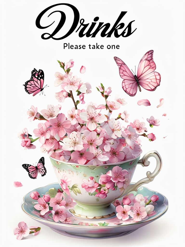 Elegant Spring Drinks Invitation Sign with Floral Teacup Design
