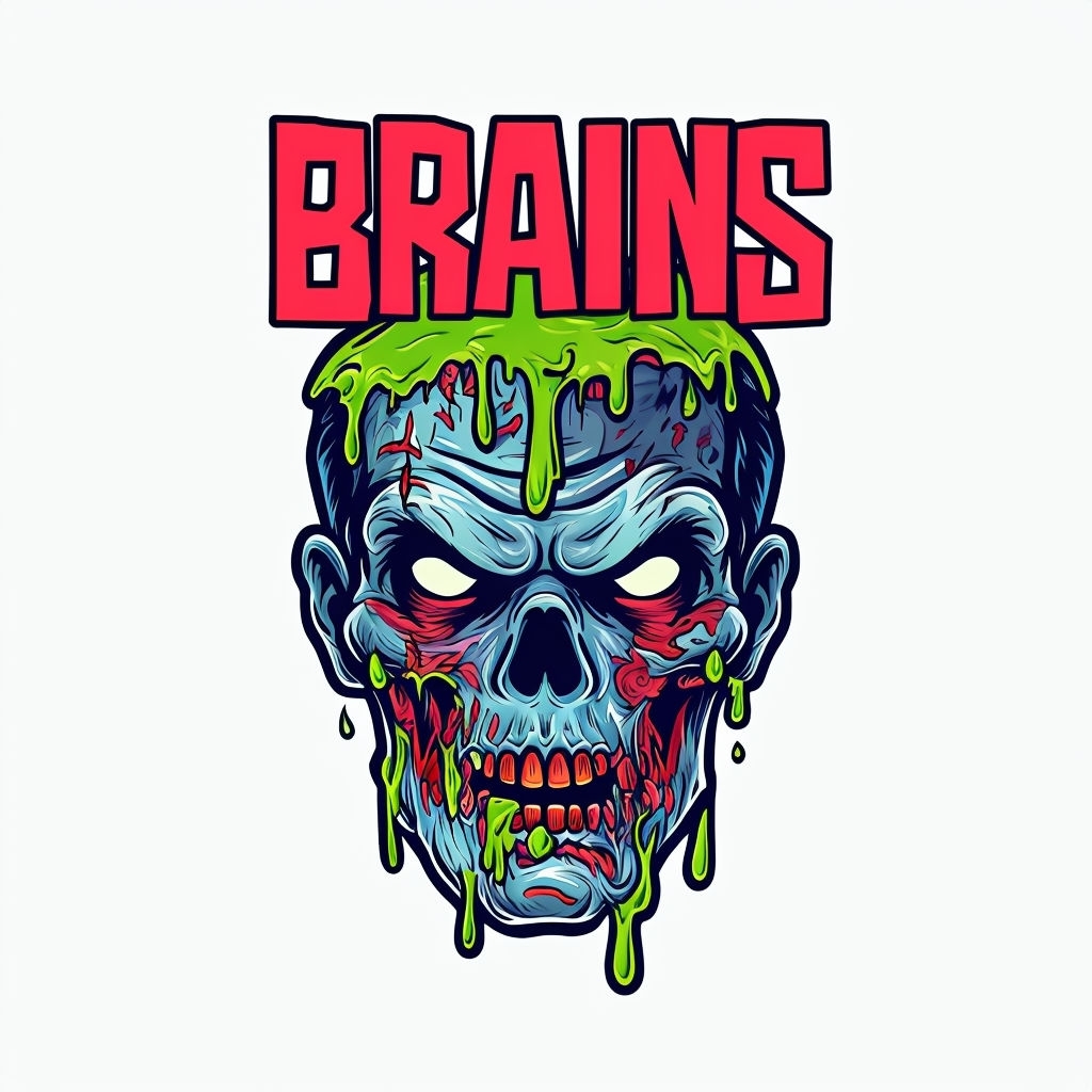 Cartoon Zombie Head with BRAINS Text and Slime T-Shirt