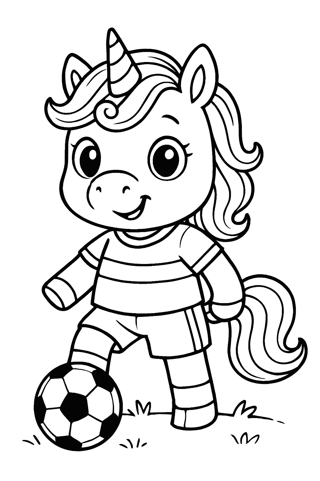 Cute Cartoon Unicorn Playing Soccer Coloring Page