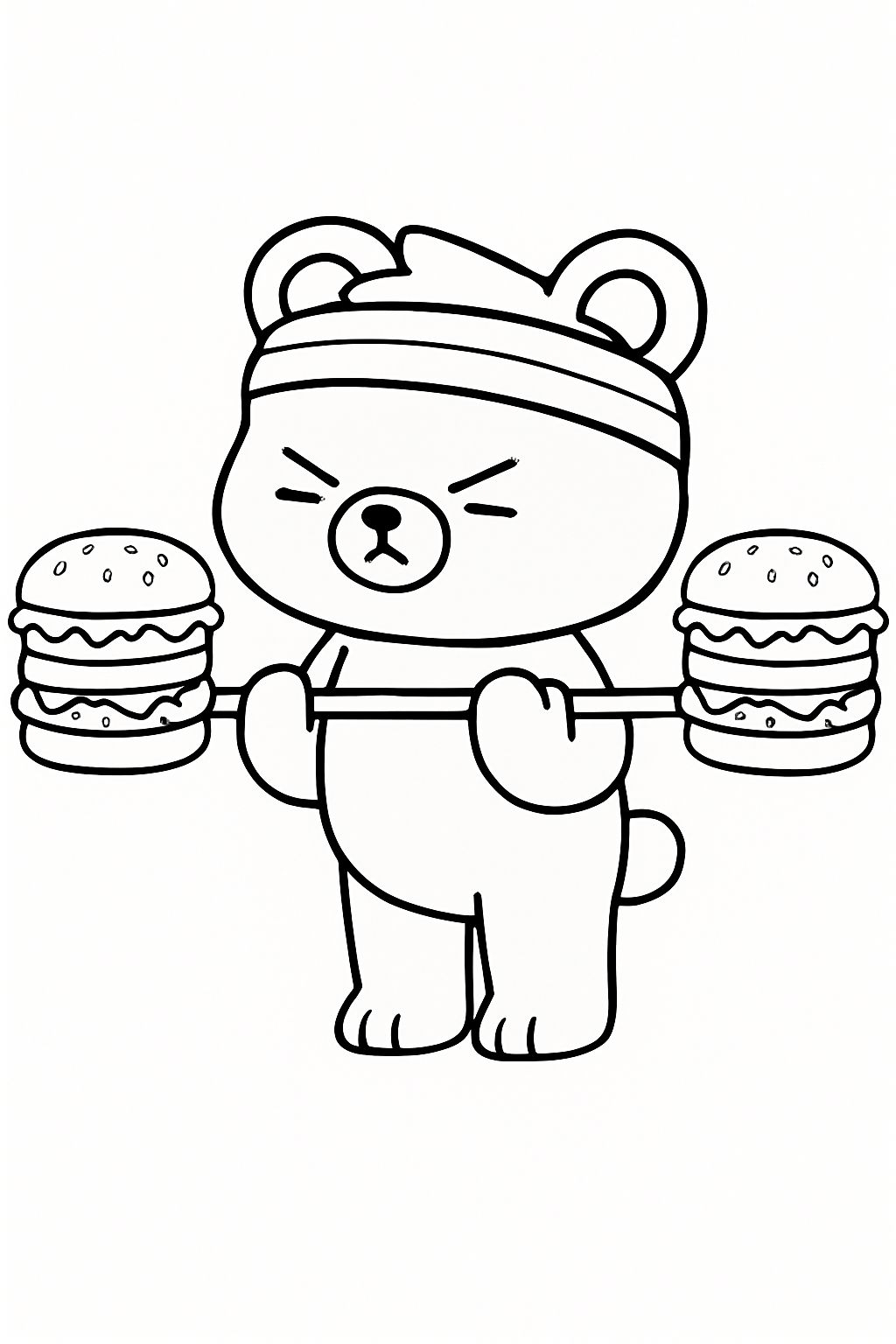 Playful Cartoon Bear Lifting Hamburger Barbell Coloring Book Page