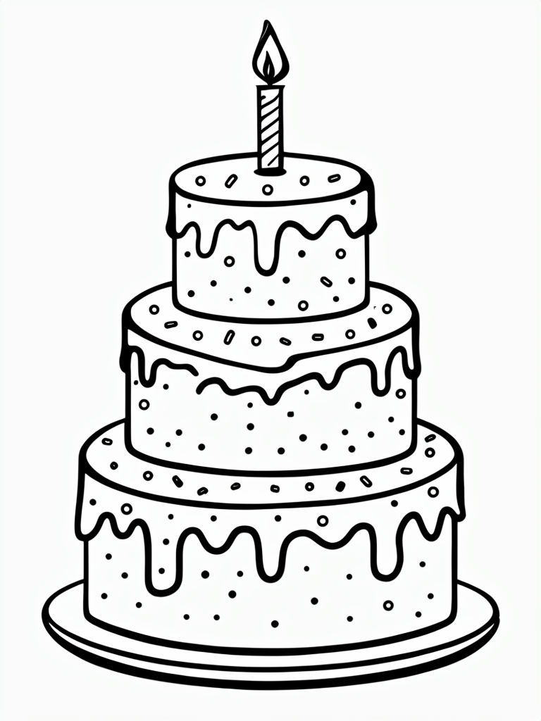 Elegant Black and White Birthday Cake Line Drawing Coloring Book Pages