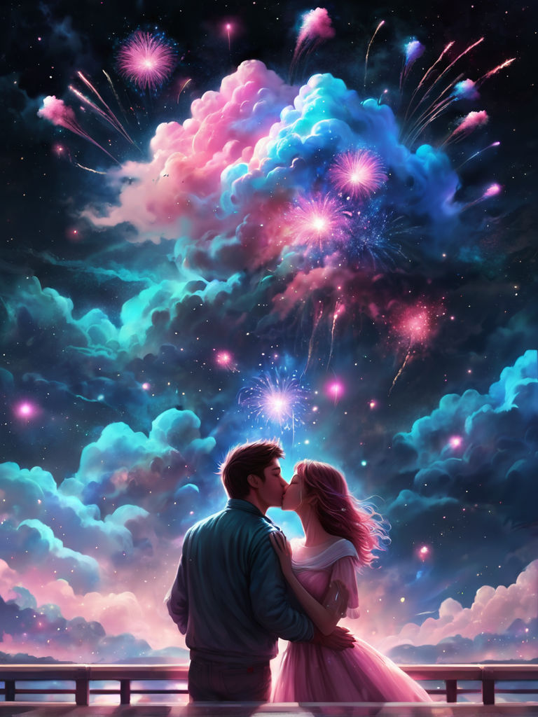 youthful kissing couple in space