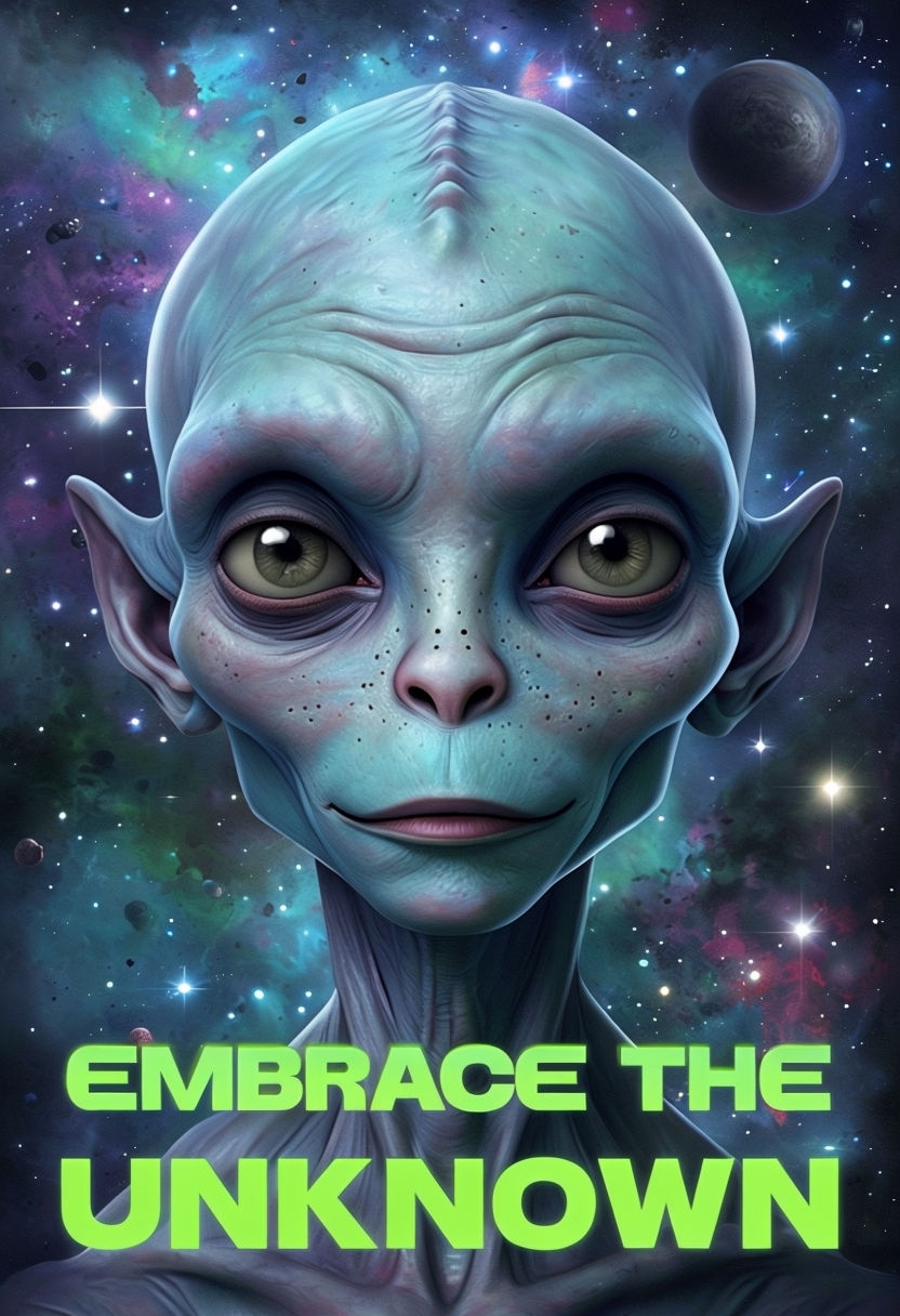 Mysterious Cartoon Alien with Cosmic Background Poster