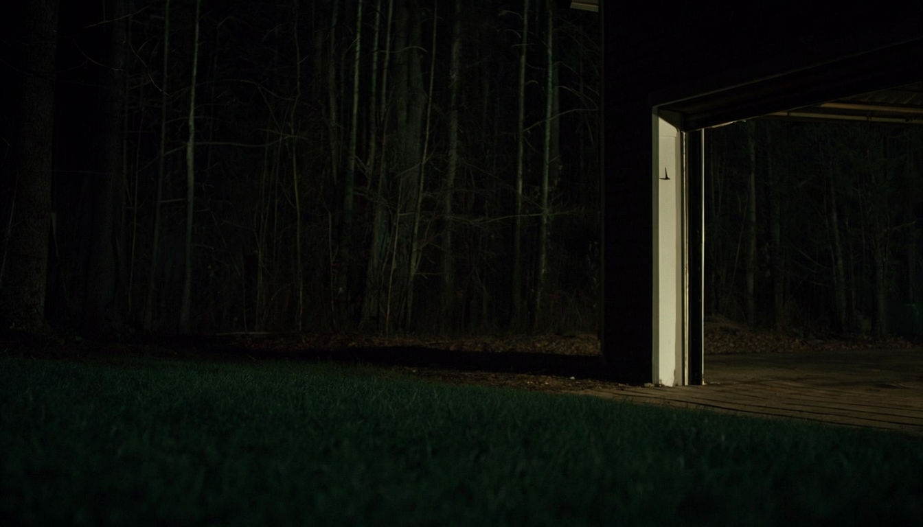 Mysterious Dimly Lit Garage with Forest View Virtual Background