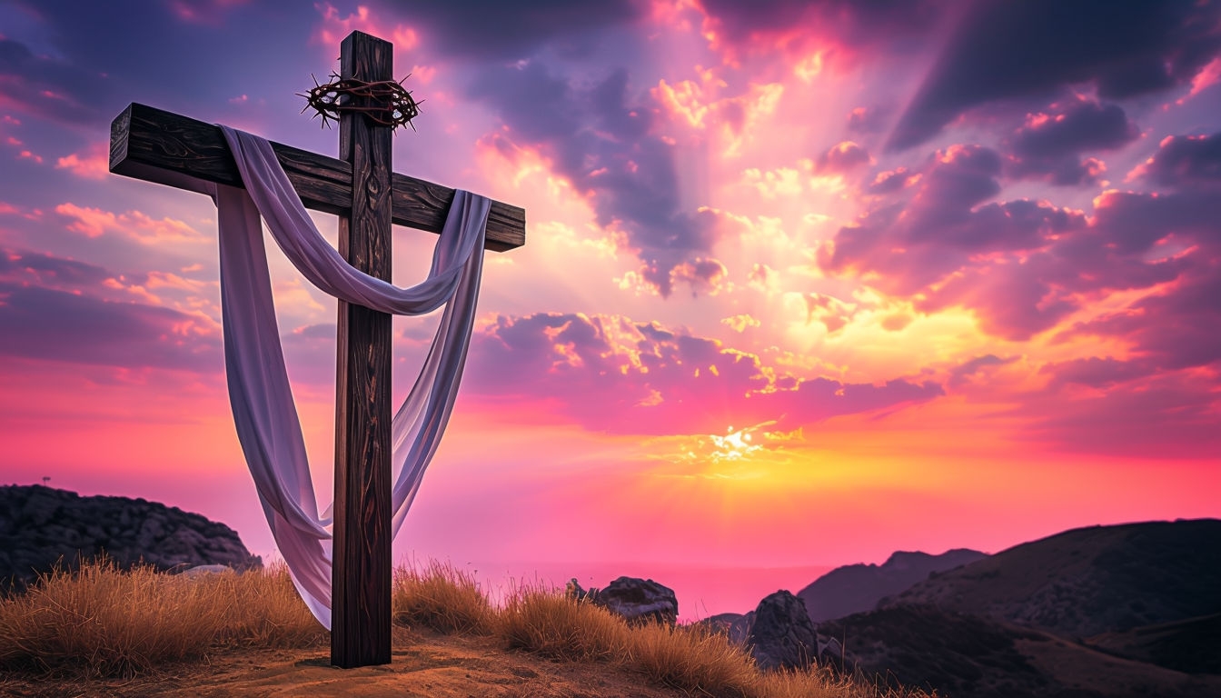Dramatic Wooden Cross at Sunrise Sunset Virtual Background