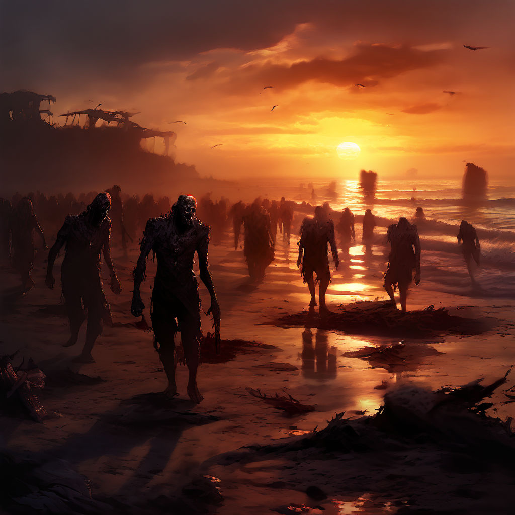 Horde of zombies advancing on a desolate shoreline by Donny F - Playground