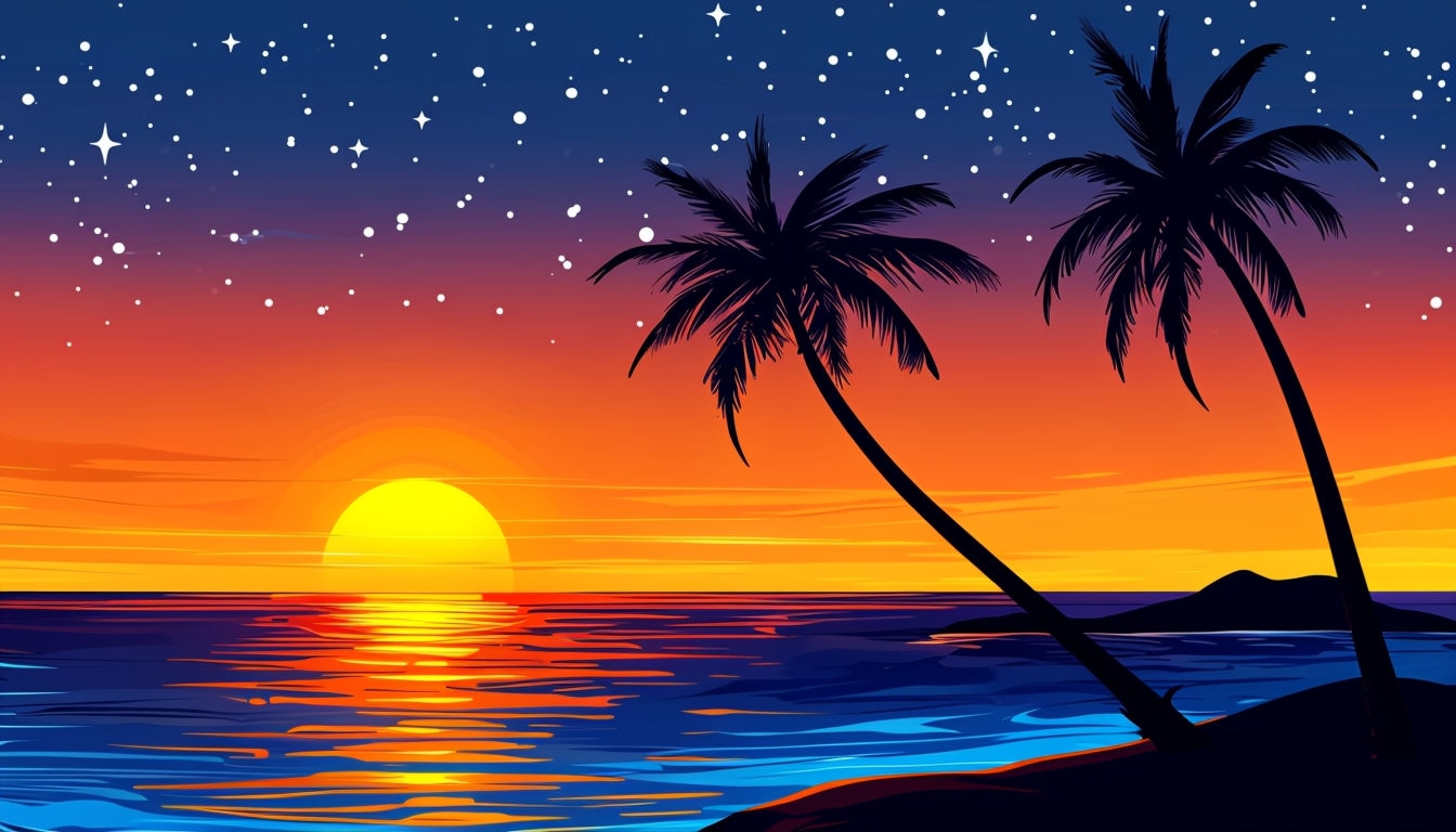Serene Tropical Sunset with Silhouetted Palm Trees Background