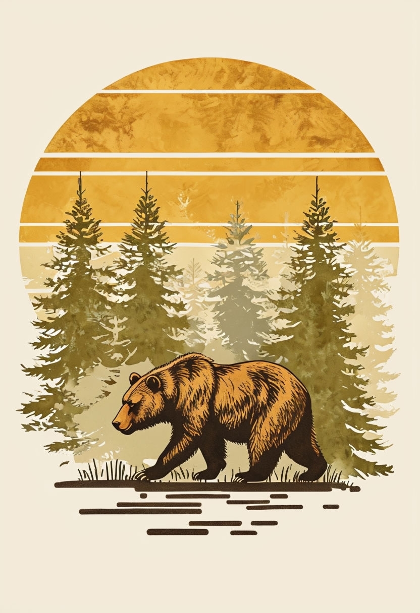Vintage Forest Scene with Bear and Sun T-Shirt