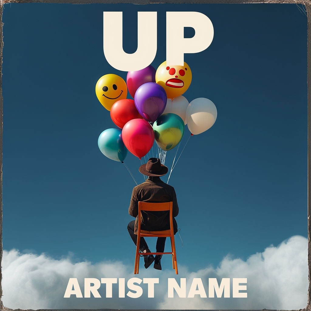 Whimsical Surrealistic Artwork with Balloons and Bold Text Spotify Album Cover