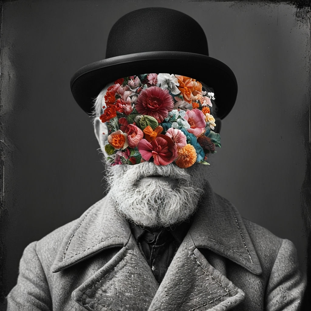 Surreal Floral Portrait of an Elderly Man in Black and White Art