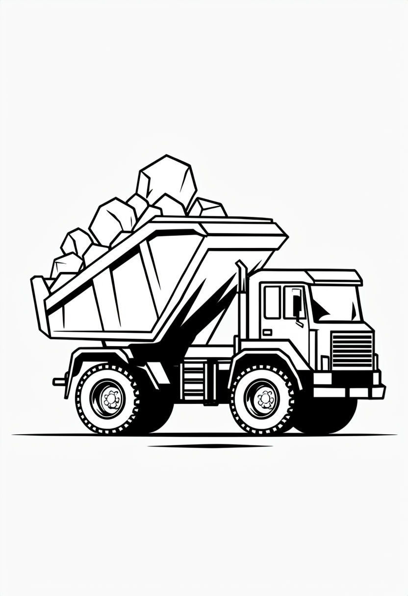 Simple Black and White Dump Truck Line Drawing Coloring Book Page