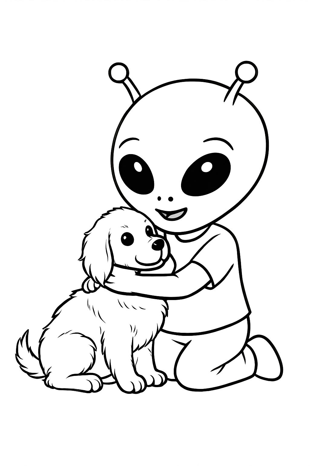 Heartwarming Alien and Puppy Embrace Illustration Coloring Book Pages