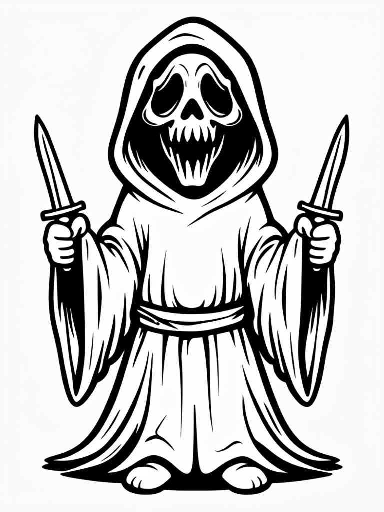 Spooky Cartoon Ghost with Knives Coloring Page Illustration