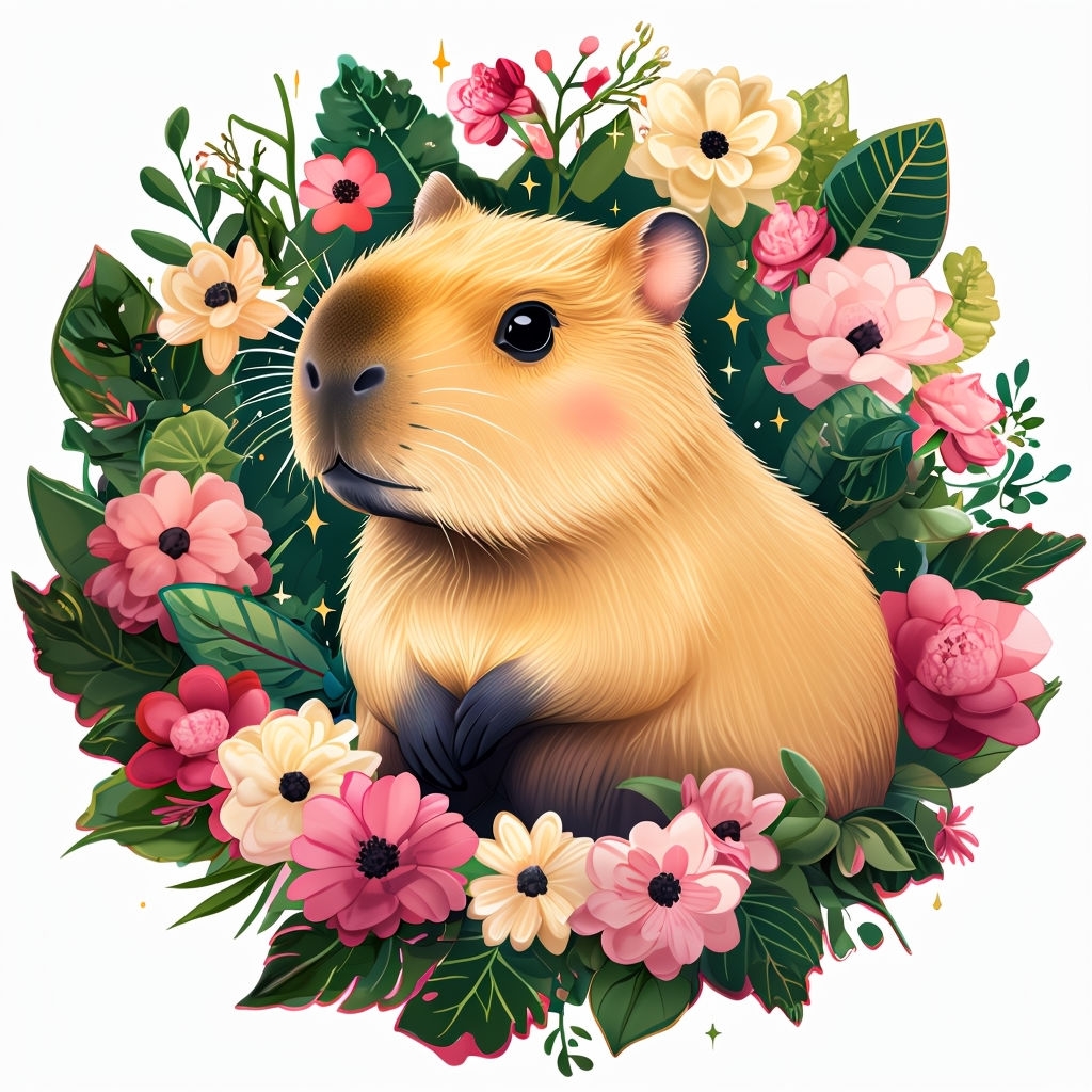 Whimsical Capybara Surrounded by Flowers Illustration Mug