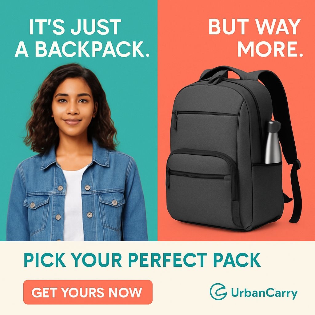Trendy UrbanCarry Backpack Ad with Vibrant Colors and Call-to-Action Banner