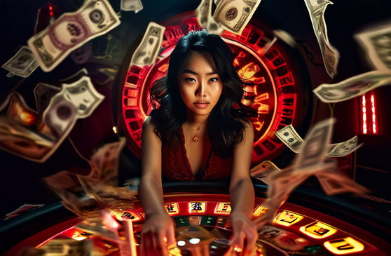 An Asian girl with a concentrated expression, immersed in a captivating game of roulette under a glaring, incandescent bulb, distinct layout of the roulette table featuring numbers and alternating colors of red and black, crisp dollar bills strewn around the table, chips scattered randomly, reflective surface of the roulette wheel as it spins, surroundings enveloped in an atmosphere of tension, smoky air and hushed murmurs from the onlook