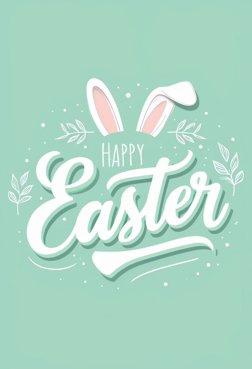 Happy Easter Calligraphy with Bunny Ears and Leaves Social Media Post