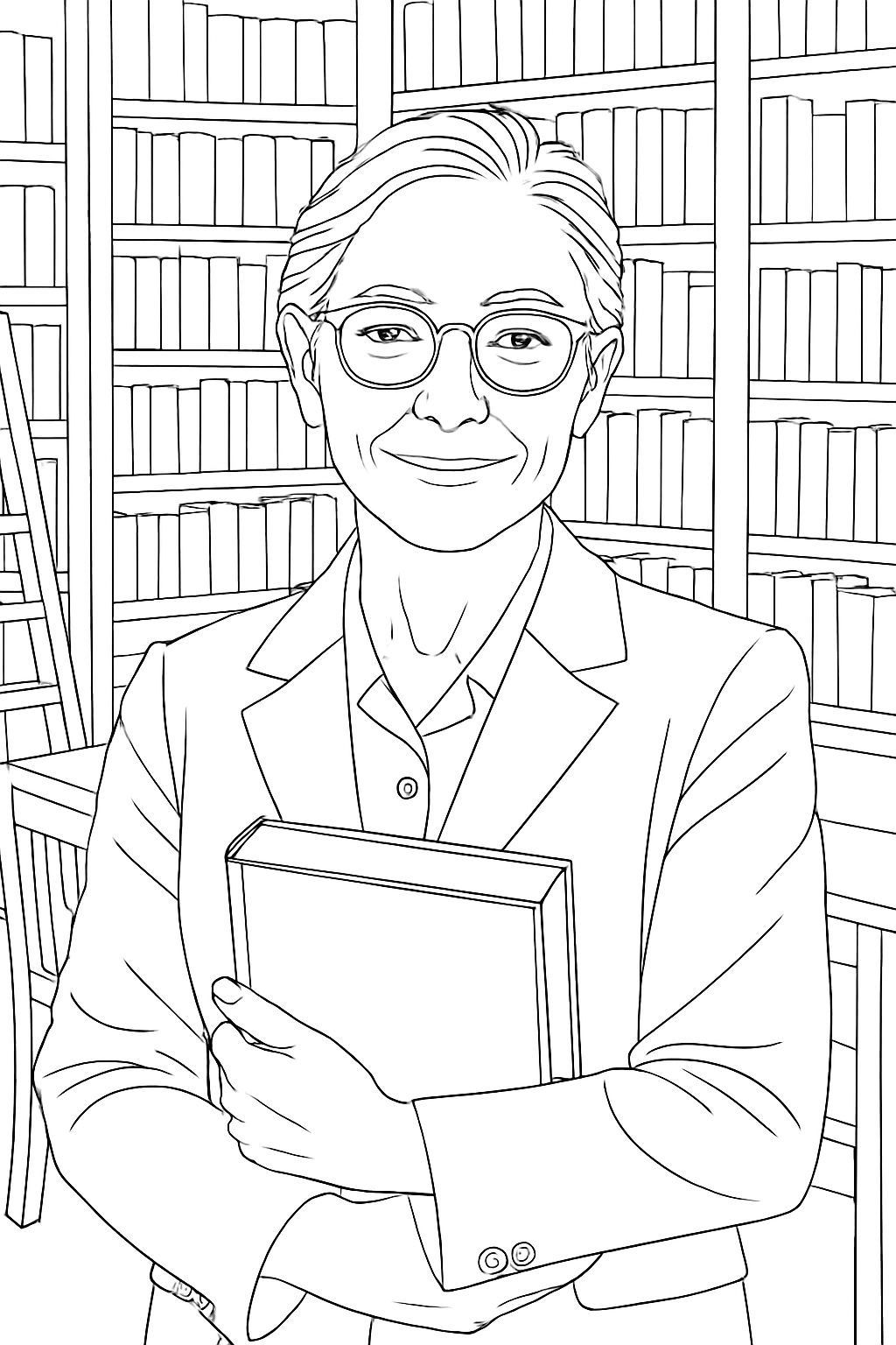 Friendly Person in Library Line Drawing Coloring Page