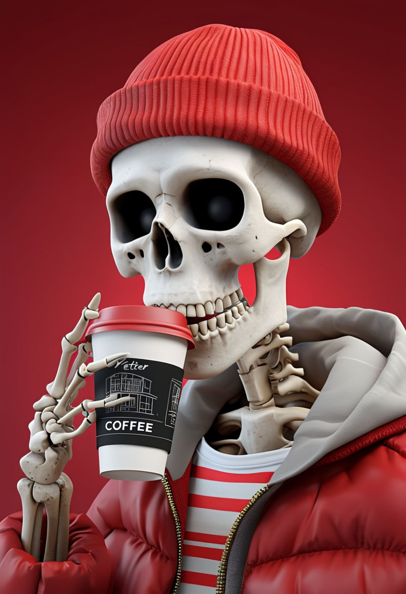 Playful Skeleton in Streetwear Holding Coffee Cup Art