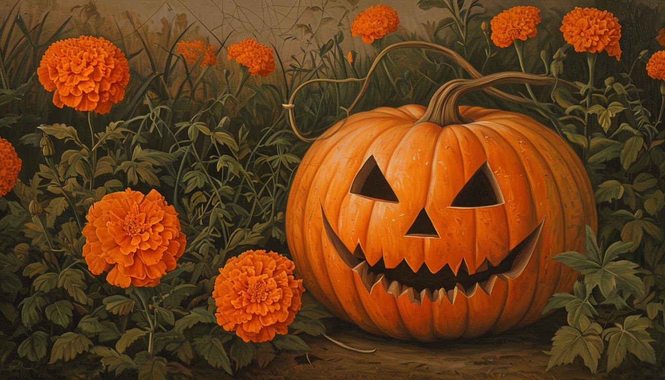 Whimsical Autumn Pumpkin Scene with Marigolds Virtual Background