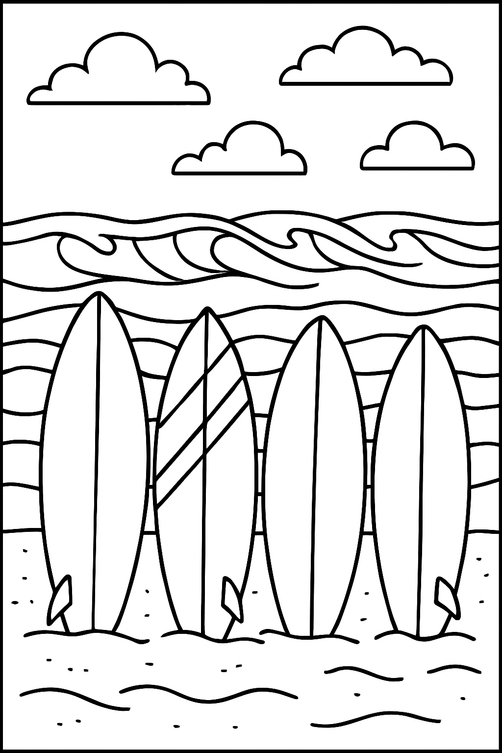 Surfboards on the Beach Minimalist Line Drawing Coloring Page