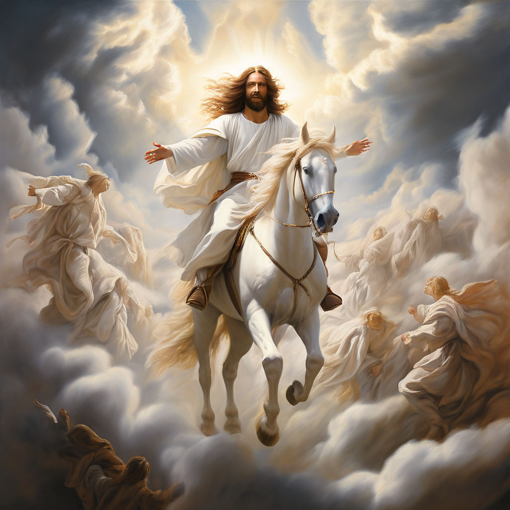 Jesus coming in the clouds on a white horse with his angels by Josh ...