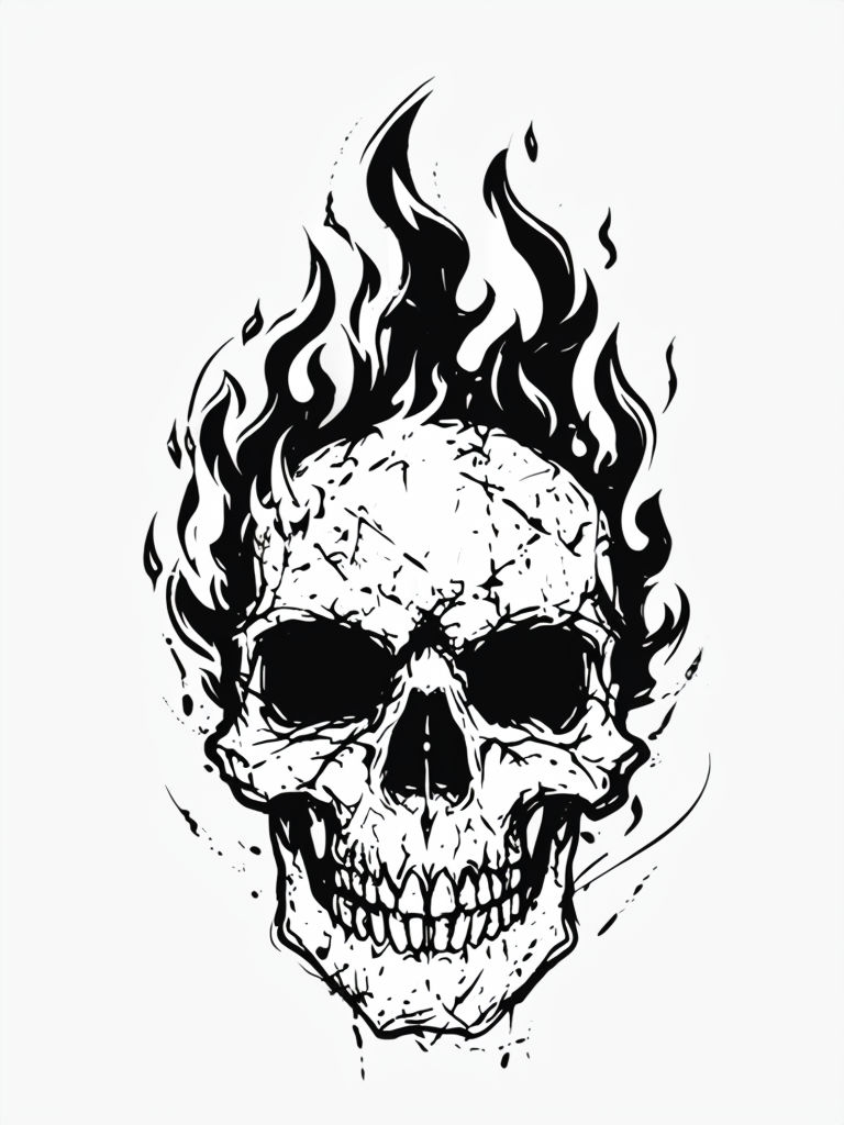 Bold Sketchy Skull and Flames Black and White T-Shirt