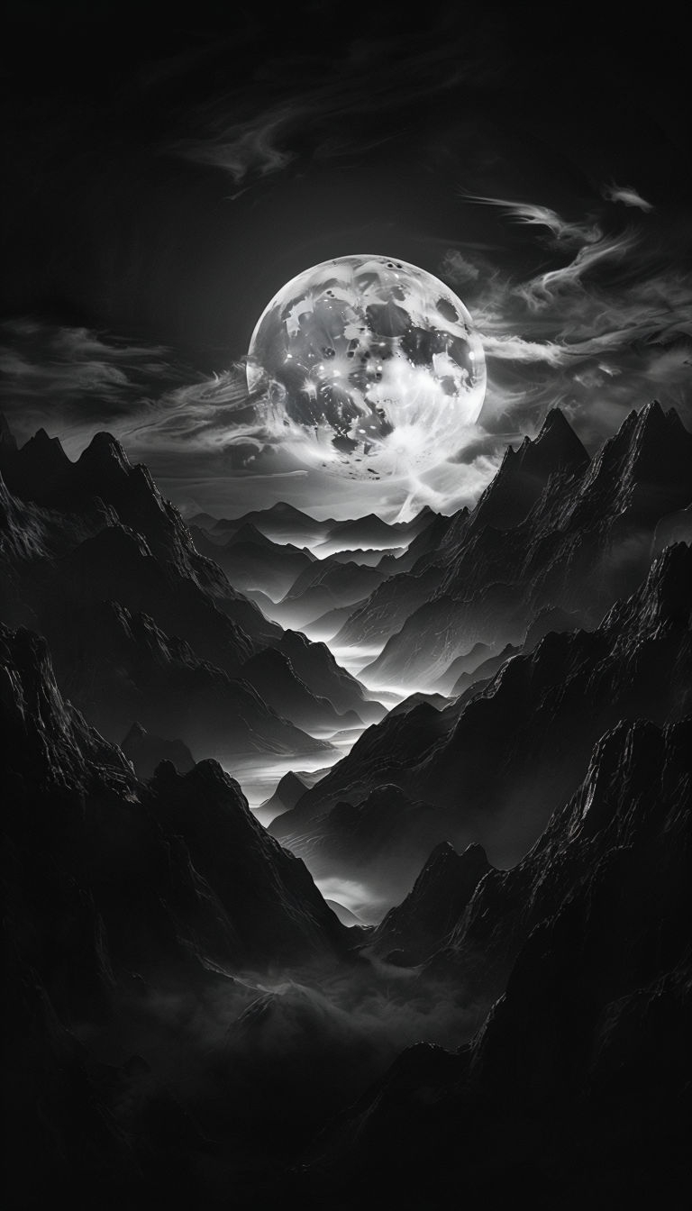 Surreal Black Landscape with Glowing Moon Mobile Wallpaper