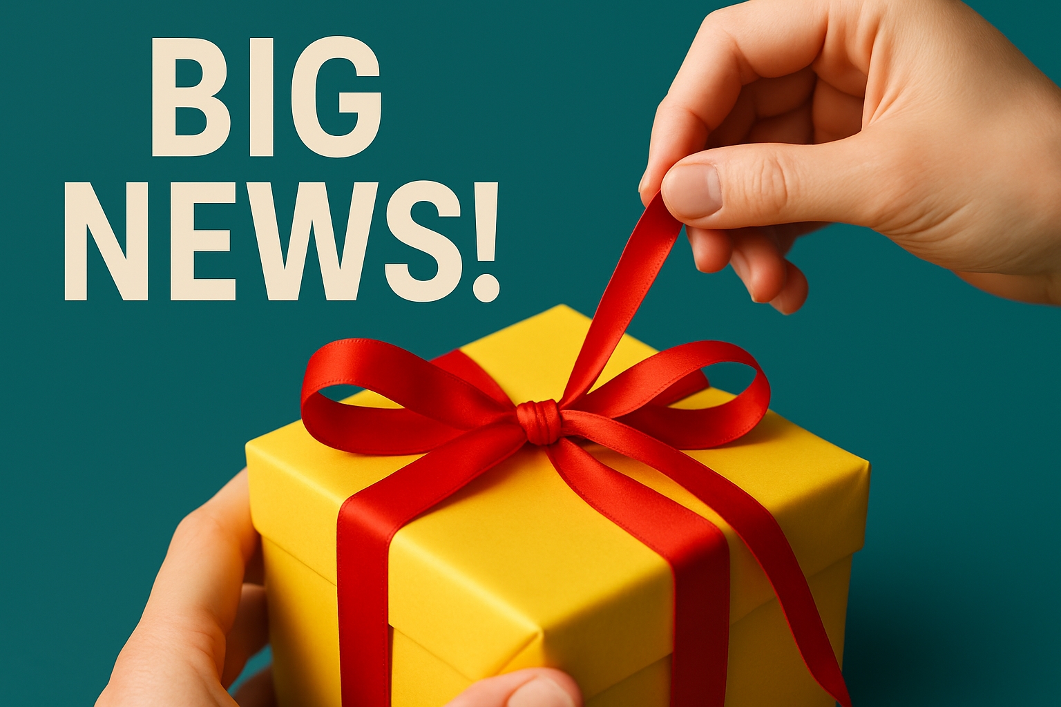 Bright Yellow Gift Box with Red Ribbon and Exciting Big News Social Media Post