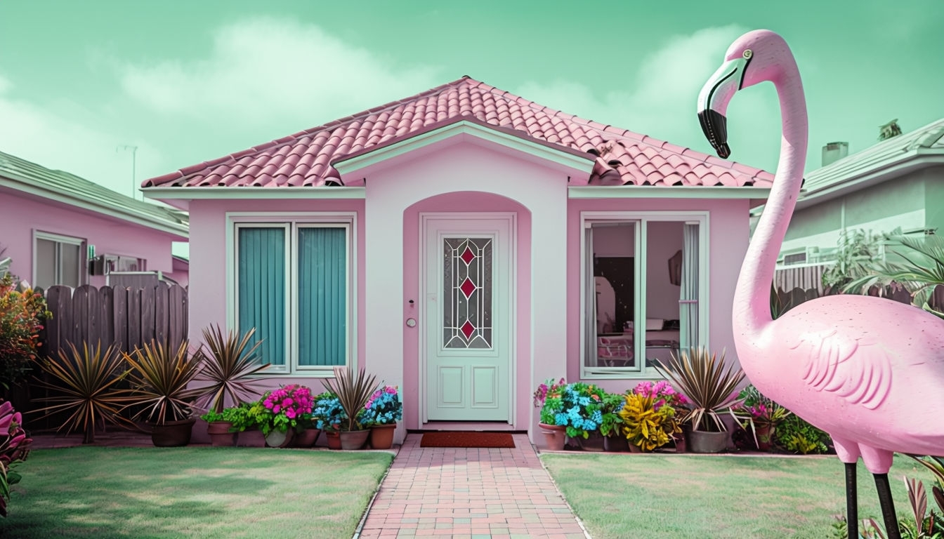 Charming Vintage Pink House with Flamingo and Garden Virtual Background