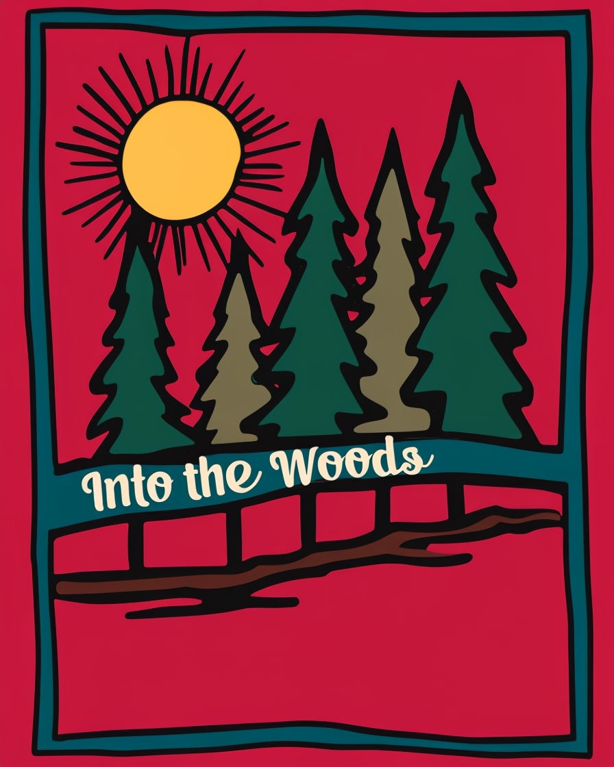 Bold Abstract Forest Art with 'Into the Woods' Text Poster