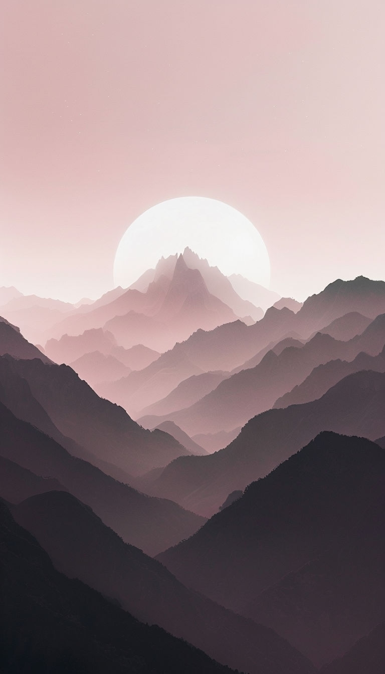 Serene Overlapping Mountain Peaks with Luminous Sun Mobile Wallpaper