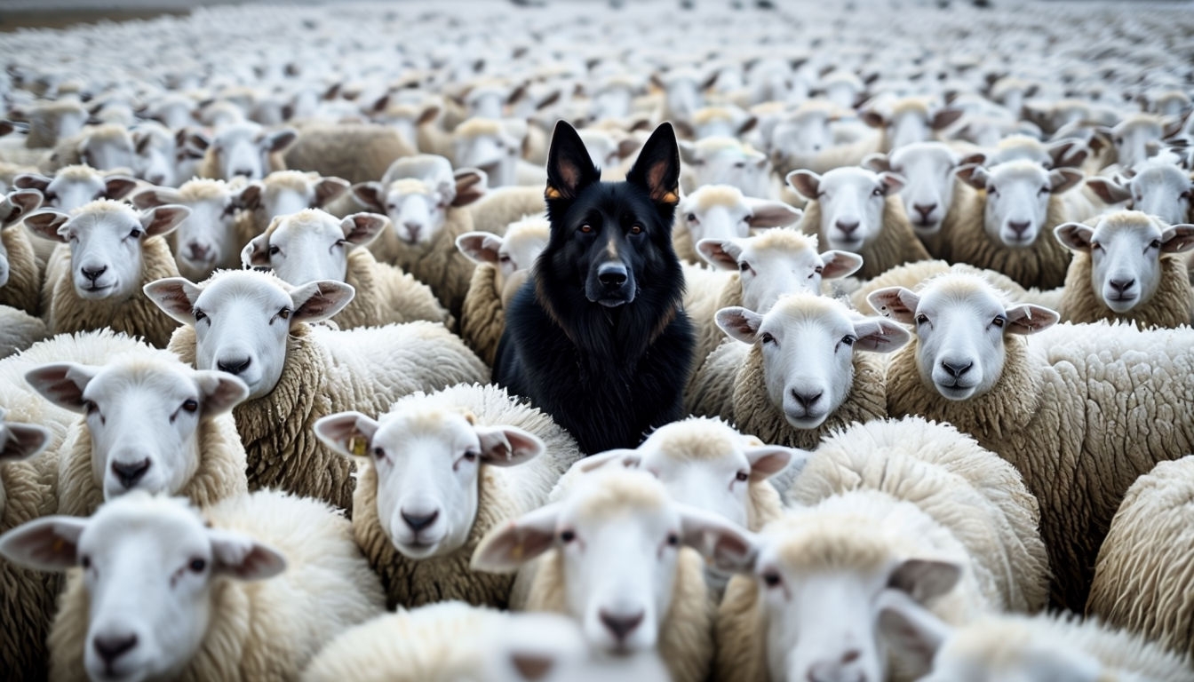 Black German Shepherd Among a Flock of White Sheep Virtual Backgrounds