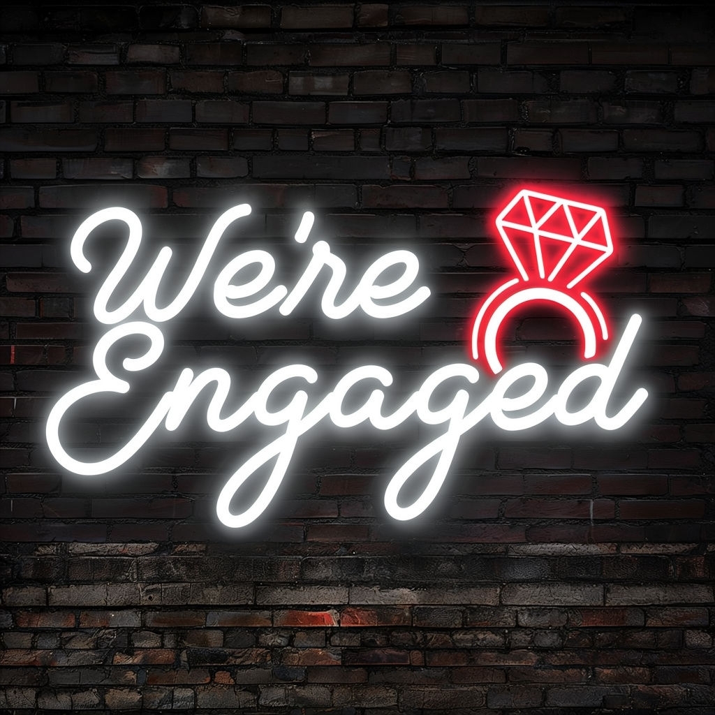 Bright Neon Engagement Announcement Sign on Dark Wall Social Media Post