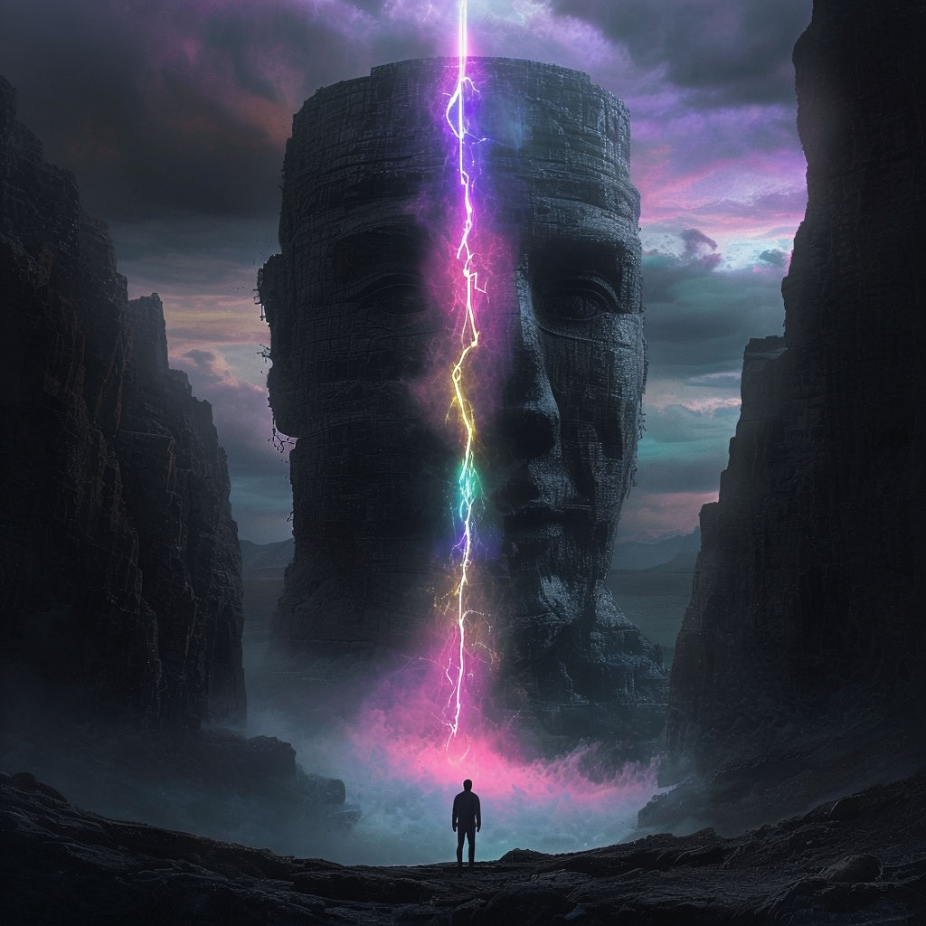 Surreal Fantasy Landscape with Neon Light and Mysterious Figure Art