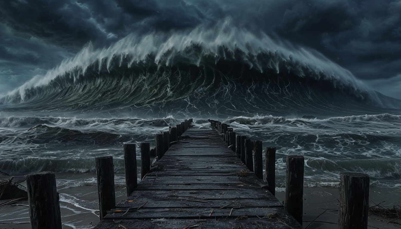 Dramatic Stormy Pier and Towering Wave Virtual Background