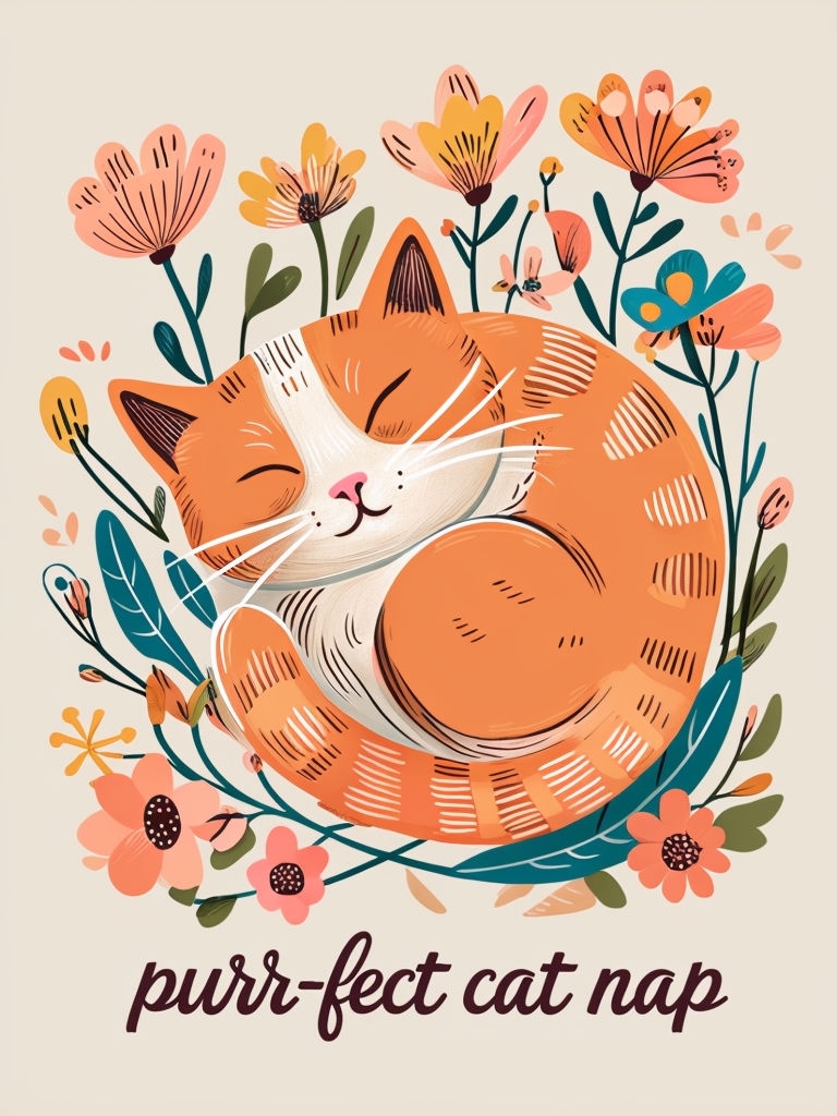 Whimsical Ginger Cat Nap Illustration with Flowers Poster