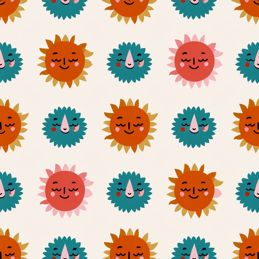 Playful Whimsical Sun Faces Cheerful Seamless Pattern