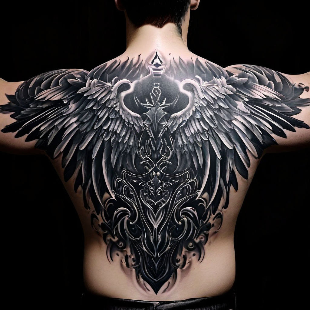 linework goth back tattoo with sharp burned wings made of bone and spine