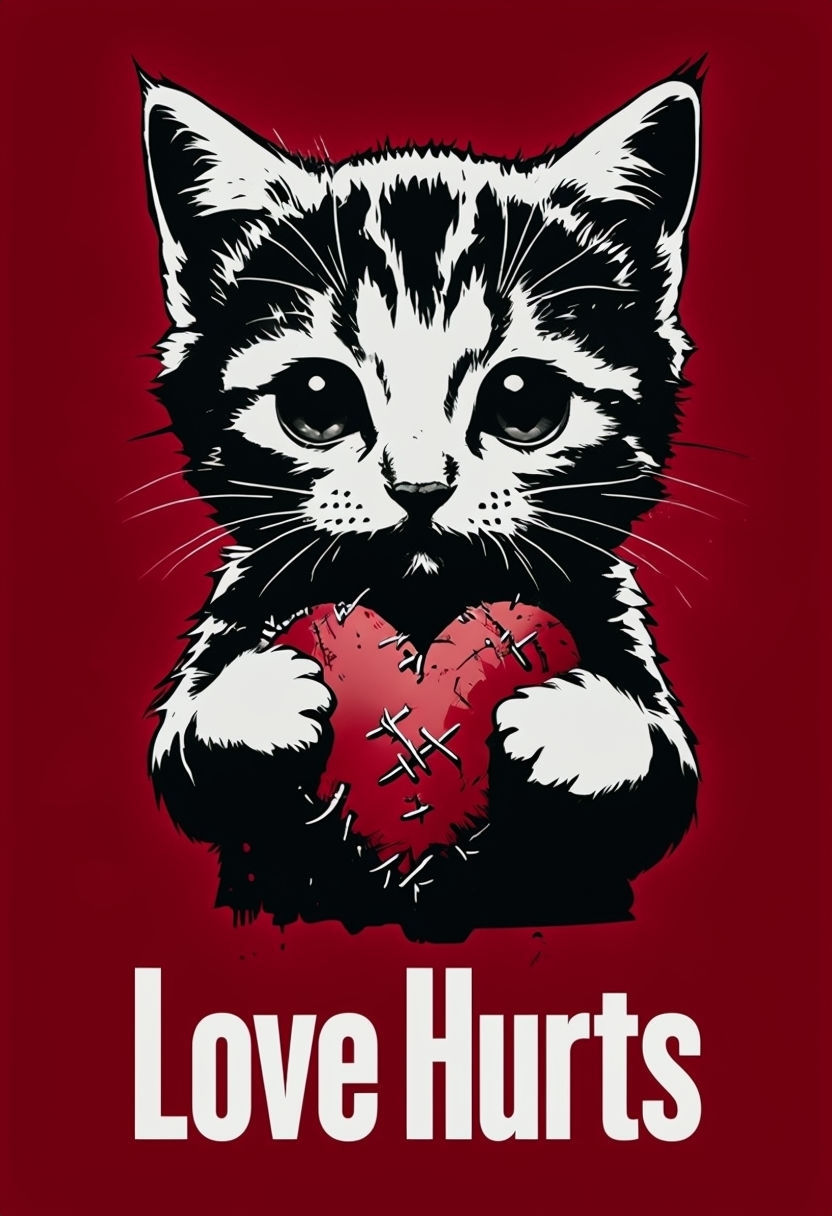 Minimalist Black and White Kitten with Heart Love Hurts T-Shirt