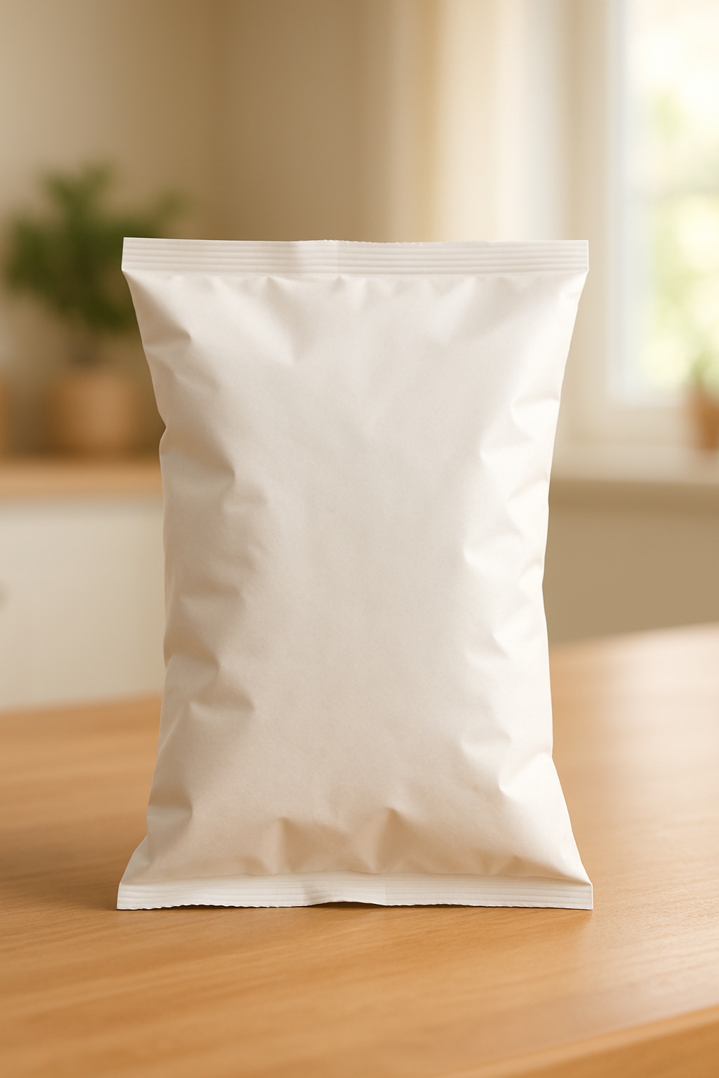 Realistic White Snack Bag Mockup on Wooden Table
