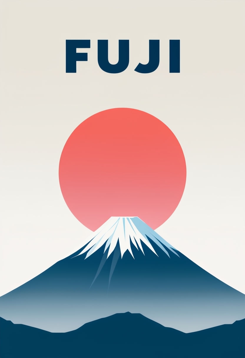 Minimalist Fuji Mountain Illustration with Coral Sun Poster