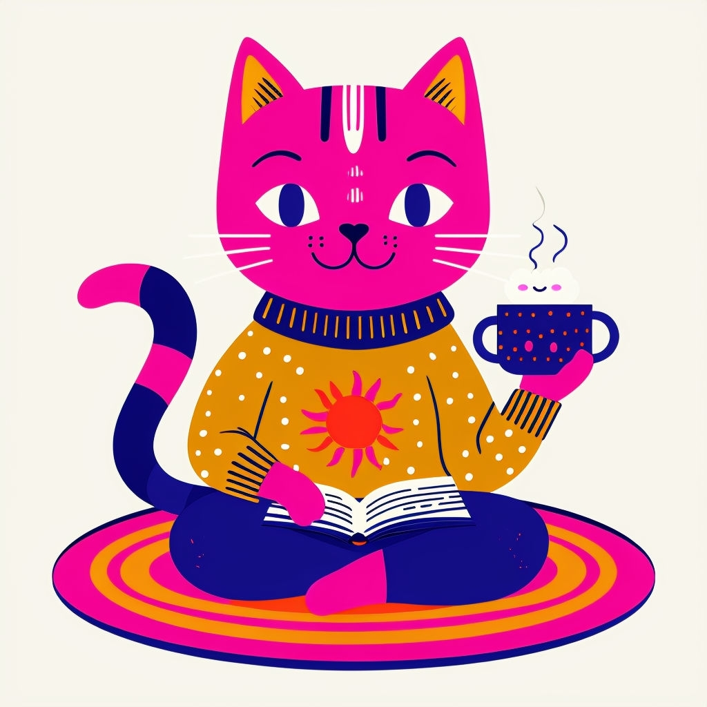 Whimsical Cartoon Cat with Cozy Mug and Book Sticker