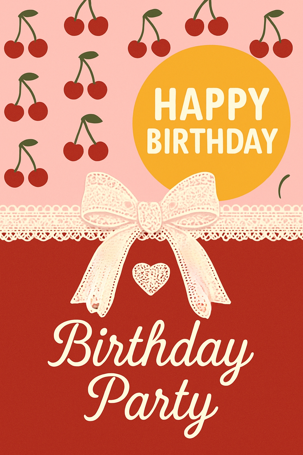 Cheerful Cherry Birthday Card with Lace Design for Party Invitation