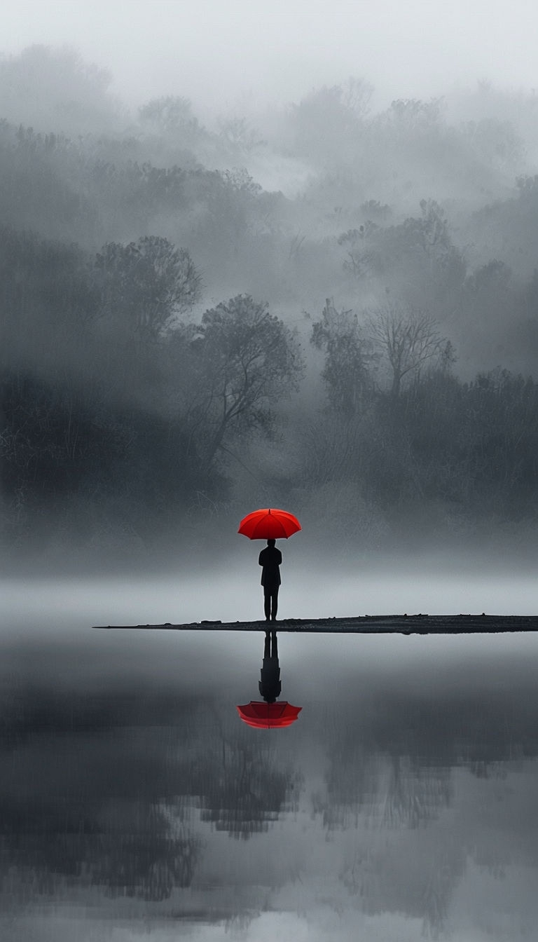 Solitary Figure with Red Umbrella in Dreamy Landscape Mobile Wallpaper