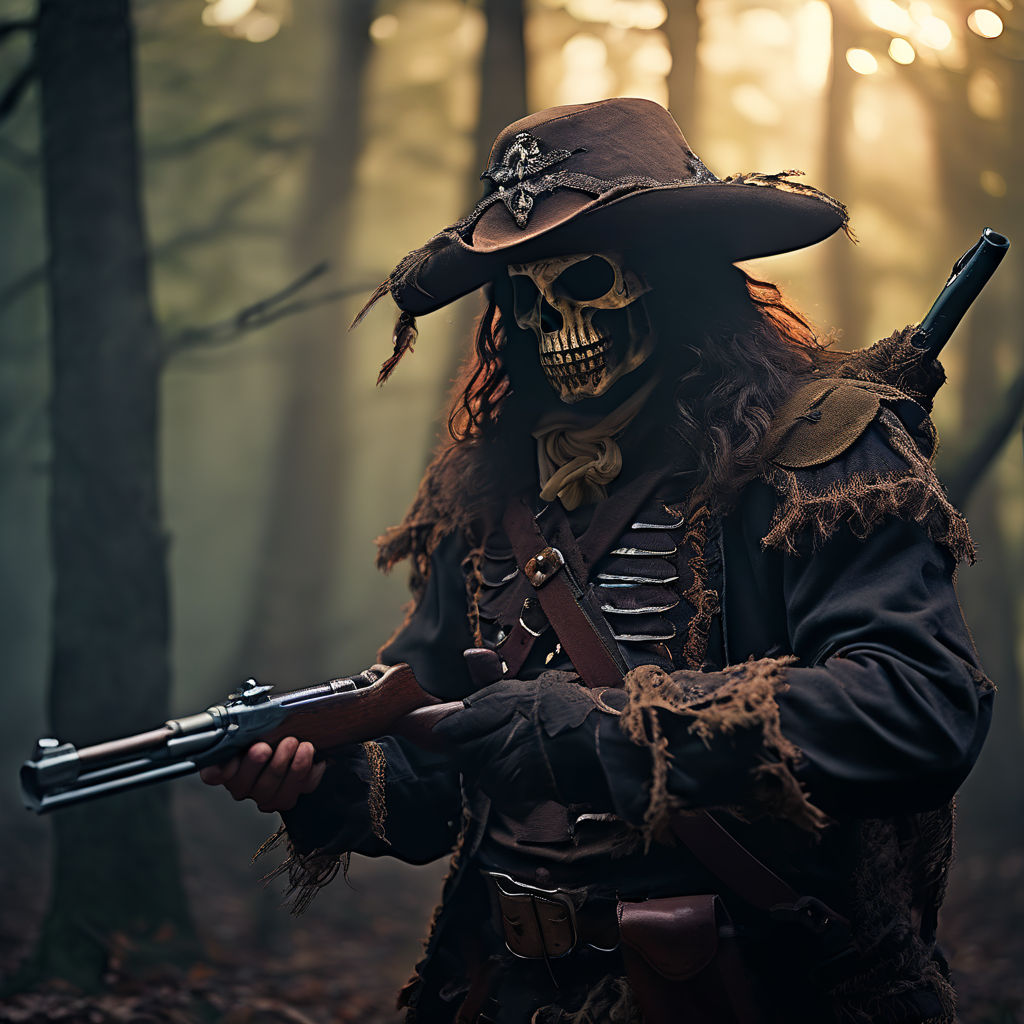 Musketeer wearing a skull mask and a ghillie suit by Ibram Gaunt