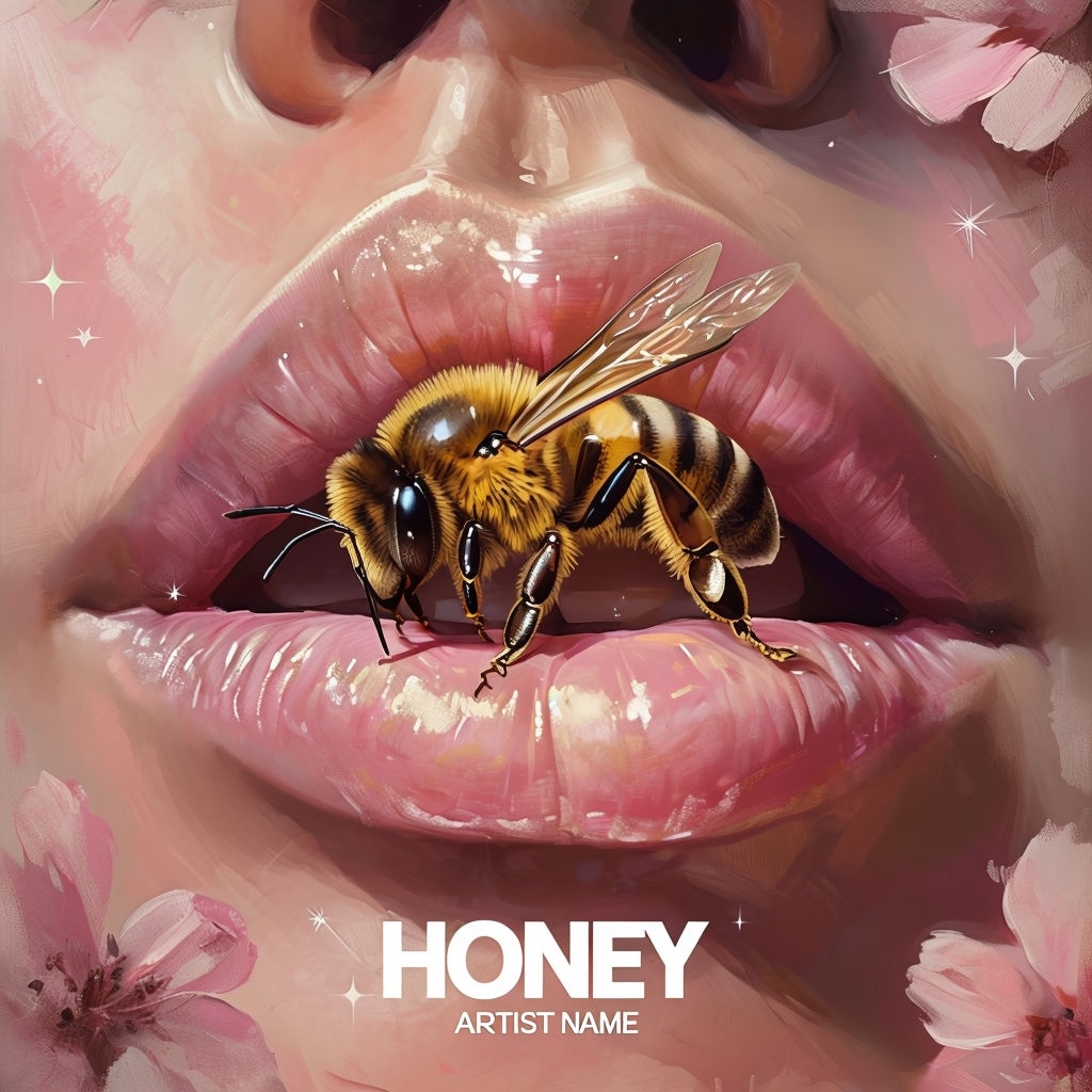 Surreal Bee and Glossy Lips Digital Art with Dreamy Atmosphere Spotify Album Cover