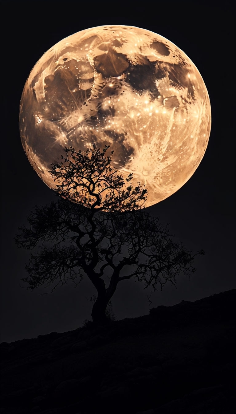 Lone Tree Silhouette Against Luminous Full Moon Landscape Mobile Wallpaper