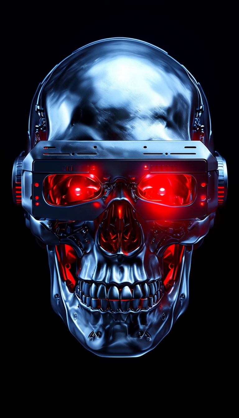 Futuristic Metallic Skull with VR Visor and Neon Red Glow Mobile Wallpaper