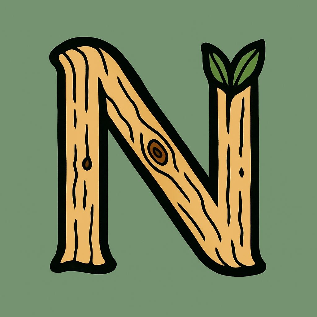Wooden Textured Letter N with Green Leaves Illustration Monogram